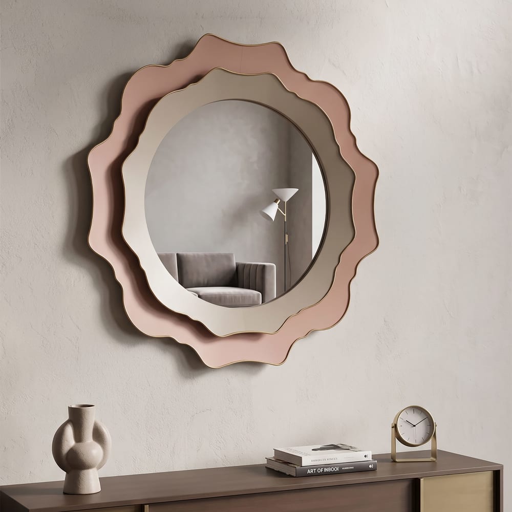 Mauro Ferretti Romantischer runder Wandspiegel ø 95x7 cm Rosa Metall