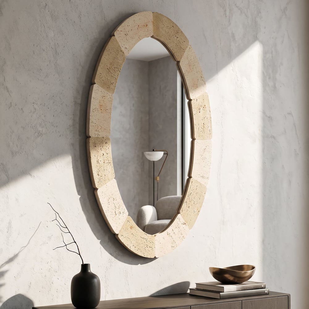 Mauro Ferretti Ovaler Wandspiegel im natürlichen Stil, 70 x 3 x 119,5 cm Beige Harz