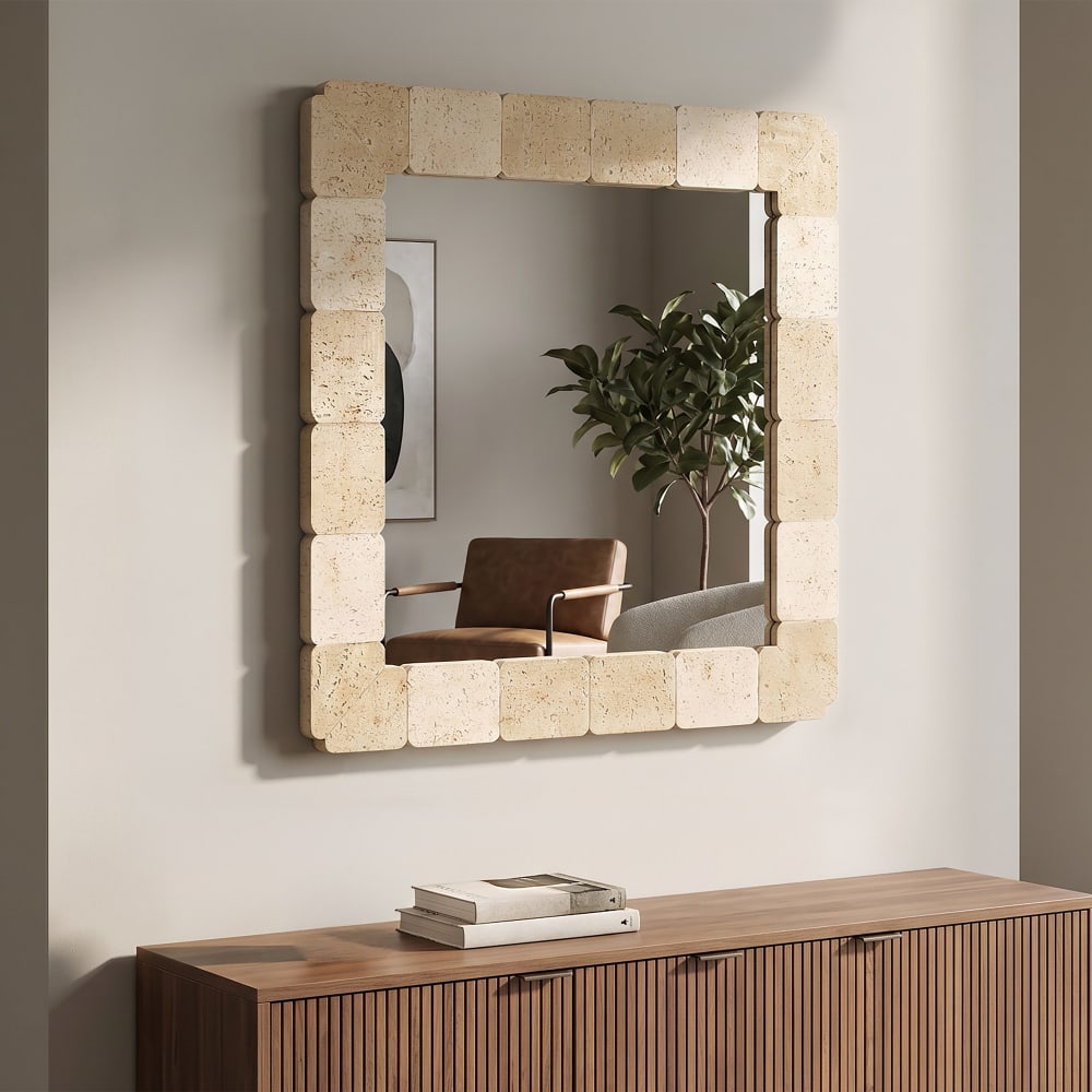 Mauro Ferretti Quadratischer Wandspiegel im natürlichen Stil, 90 x 2,5 x 90 cm Beige Harz