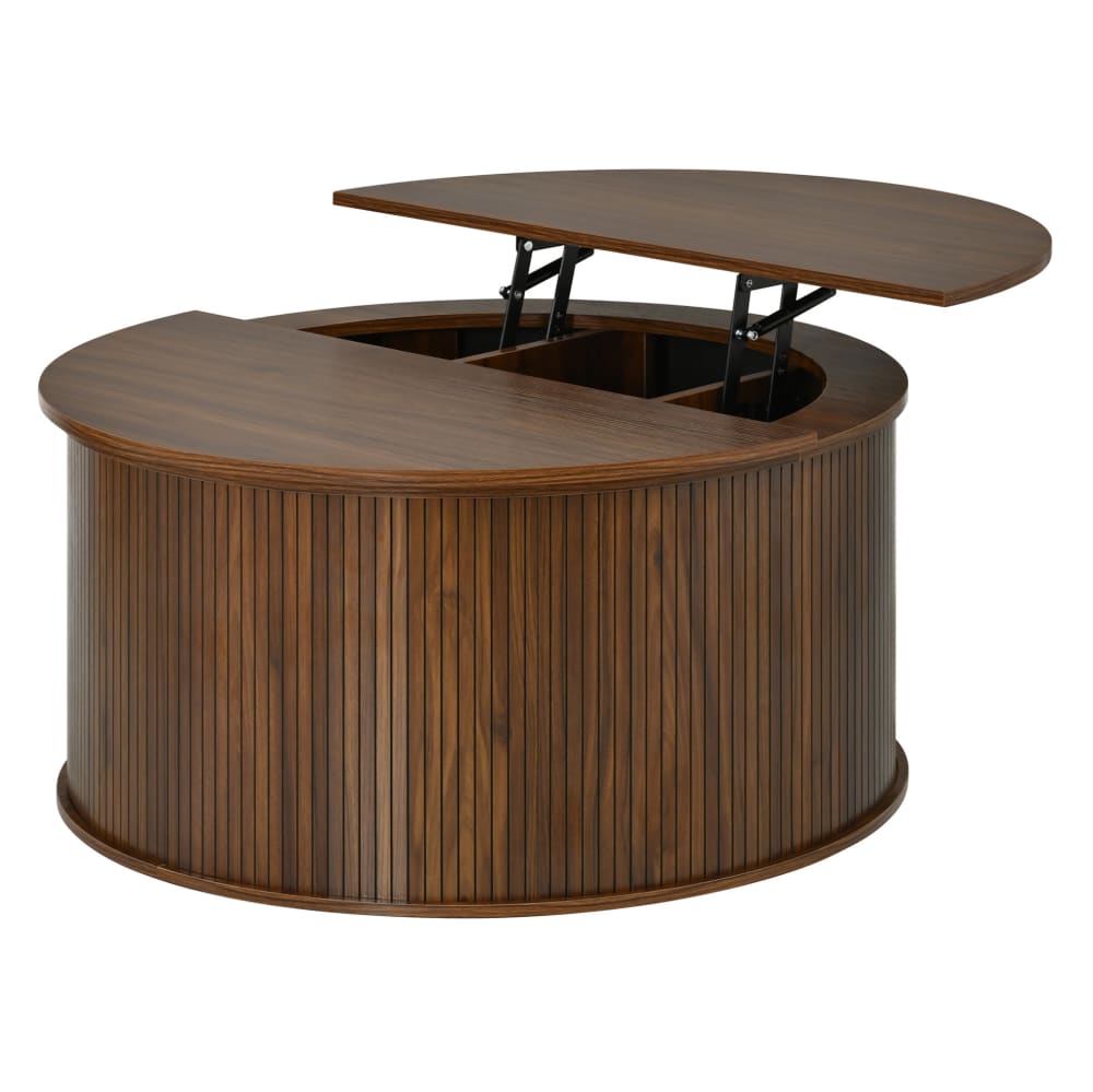 Table basse ronde 88x88x42.5 cm, rangement et hauteur réglable, noyer