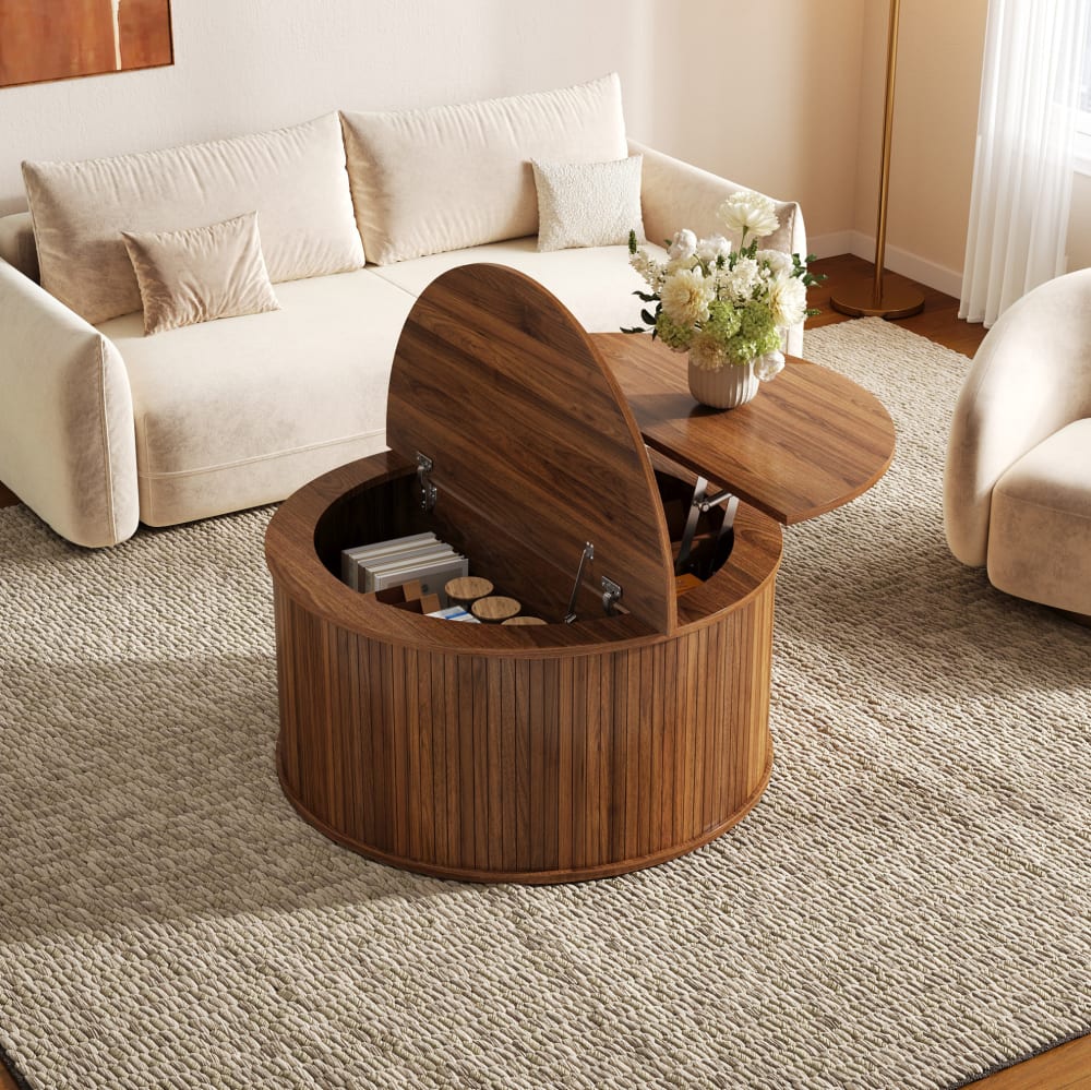 Runder Couchtisch mit Stauraum und Höhenverstellung, Nussbaum -