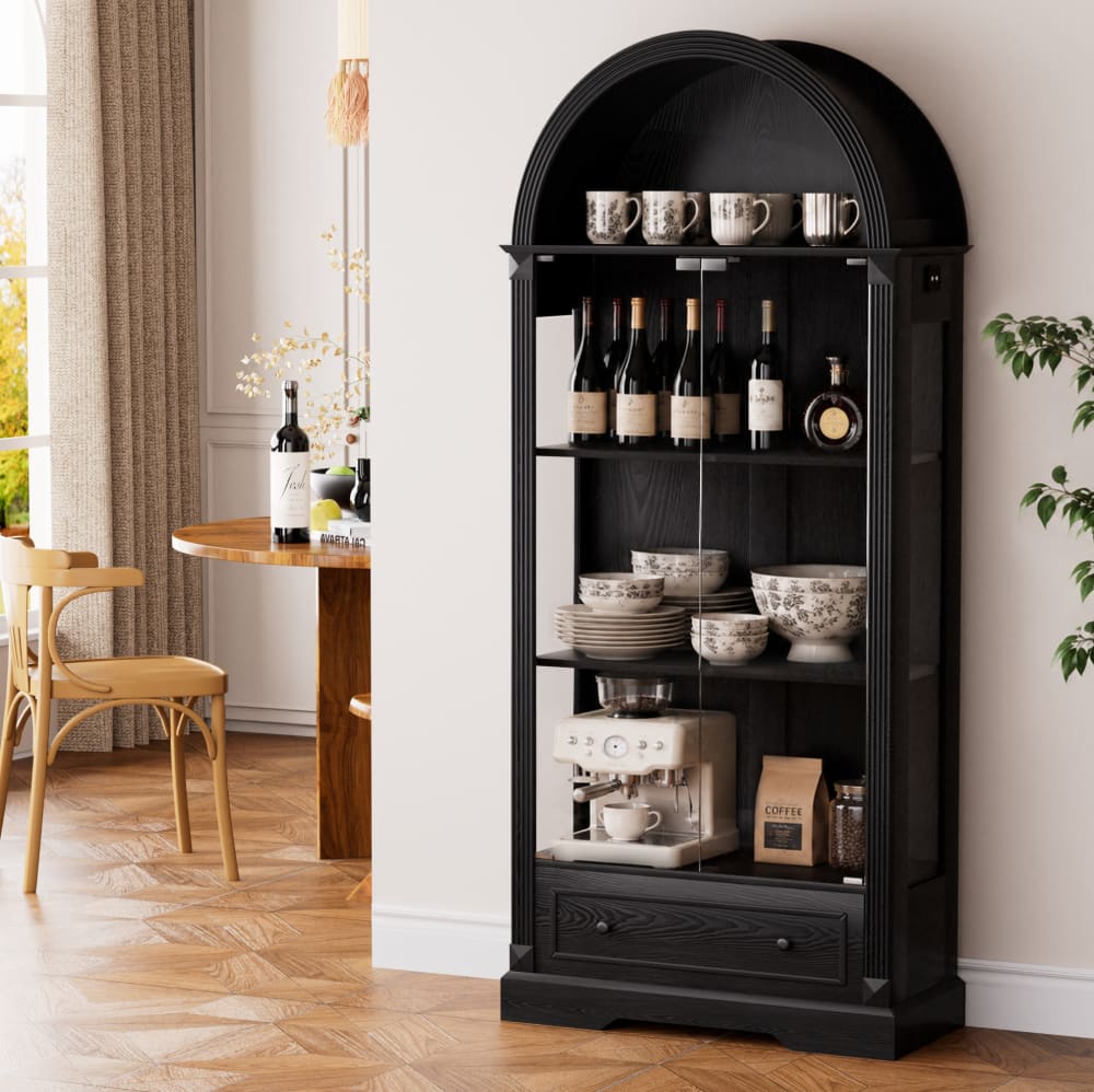 Vitrine Bogenform mit LED und Glastür 80x35x180 cm, Schwarz -