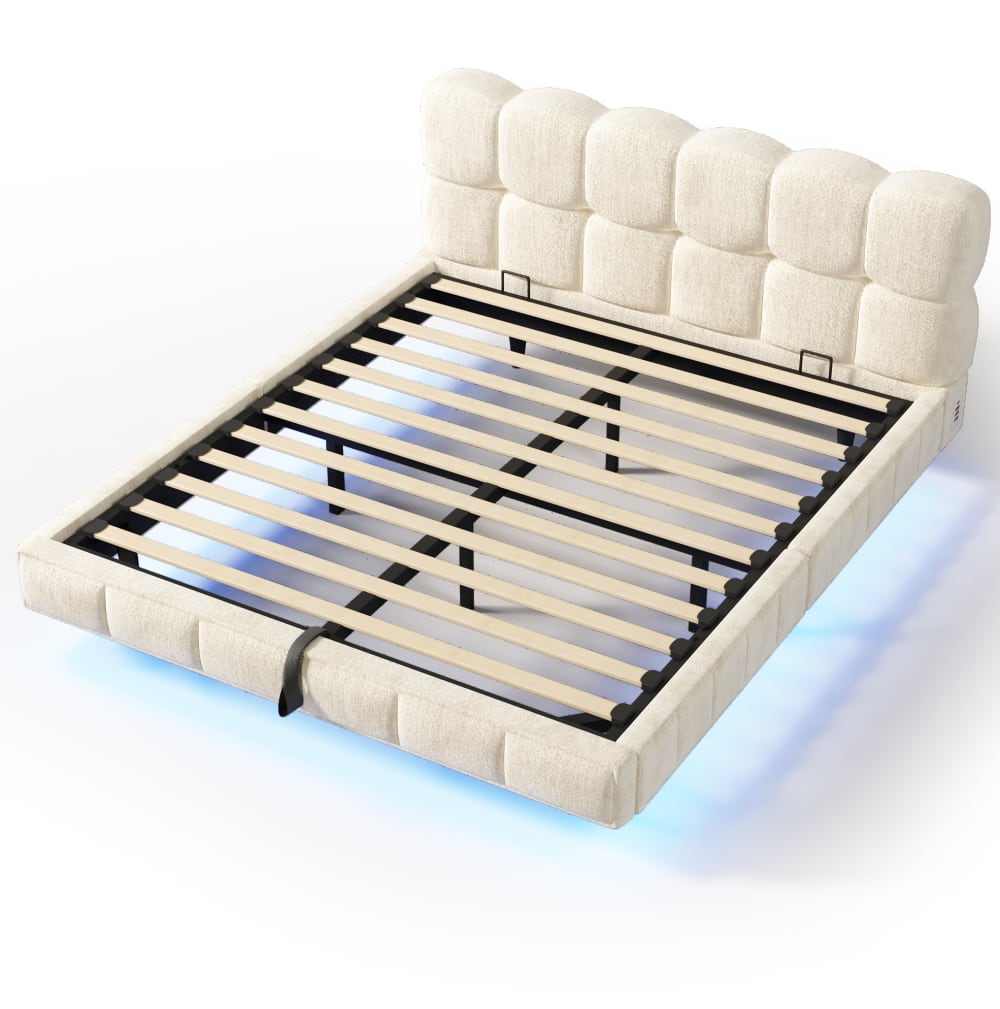 Lit coffre adulte 140x190 cm avec rangement, led et port usb, beige
