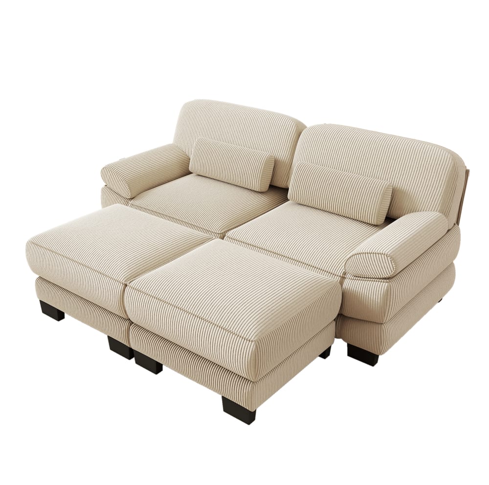 Modulares 2-Sitzer-Sofa mit Hockern, Cord, 194x161x94 cm, Beige -