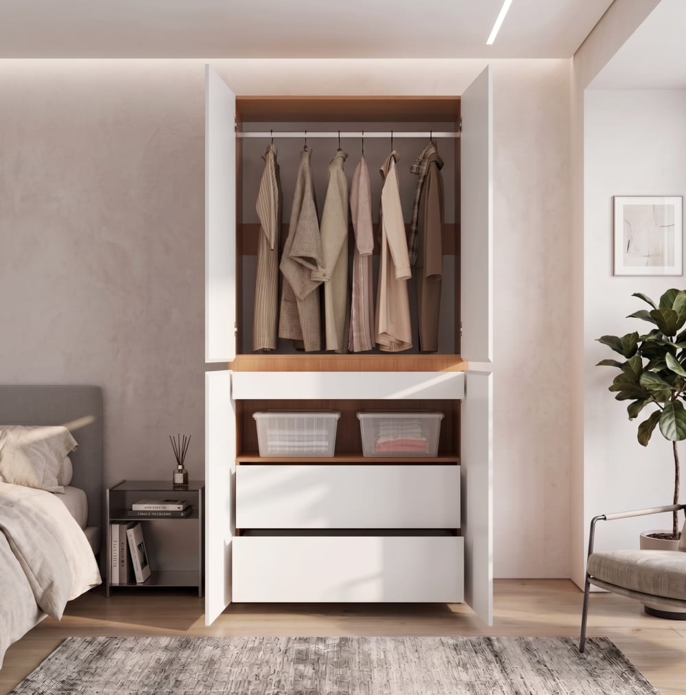 Armoire de 90x50x200 cm avec tiroir à bijoux, 4 portes, blanc