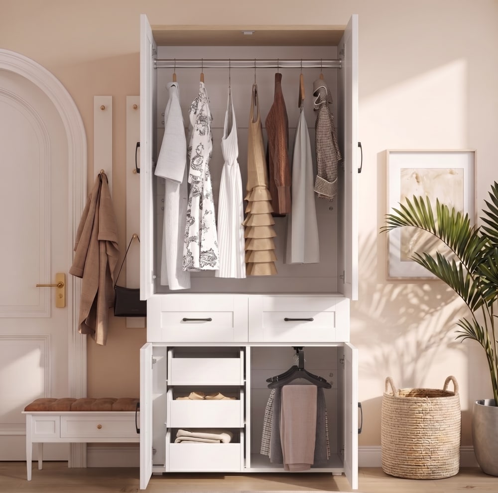 Kleiderschrank mit 4 Türen, 5 Schubladen, 90x50x200 cm, Weiß -