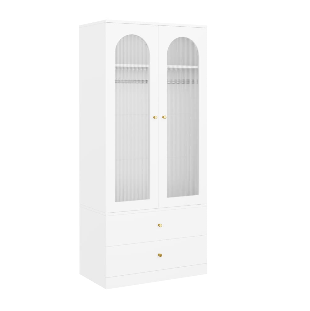 Meuble avec 2 tiroirs et porte en verre, 89.5x50.5x200 cm, blanc