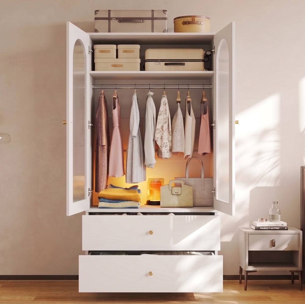 Kleiderschrank mit 2 Schubladen und Glastüren 89.5x50.5x200 cm,