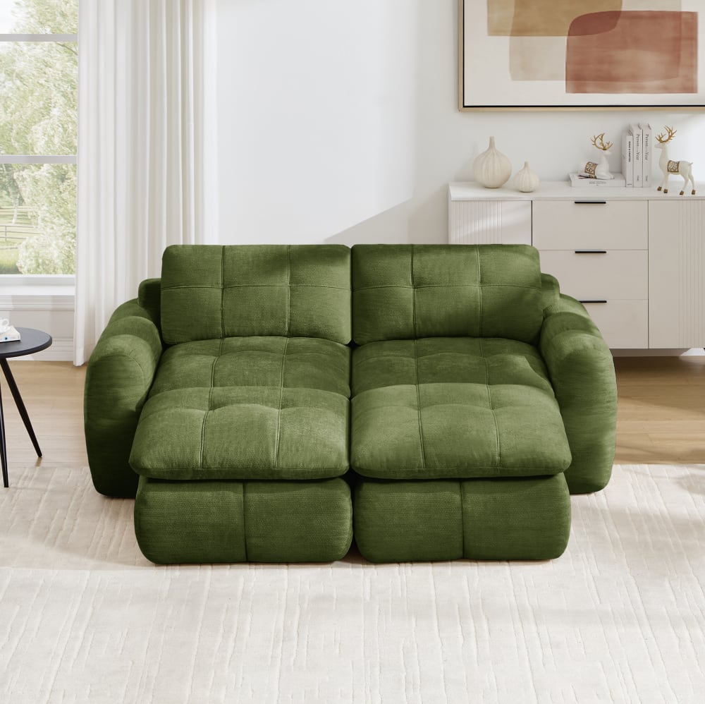 Komprimiertes modulares Sofa mit 2 Poufs, Chenille, 194x160x68,