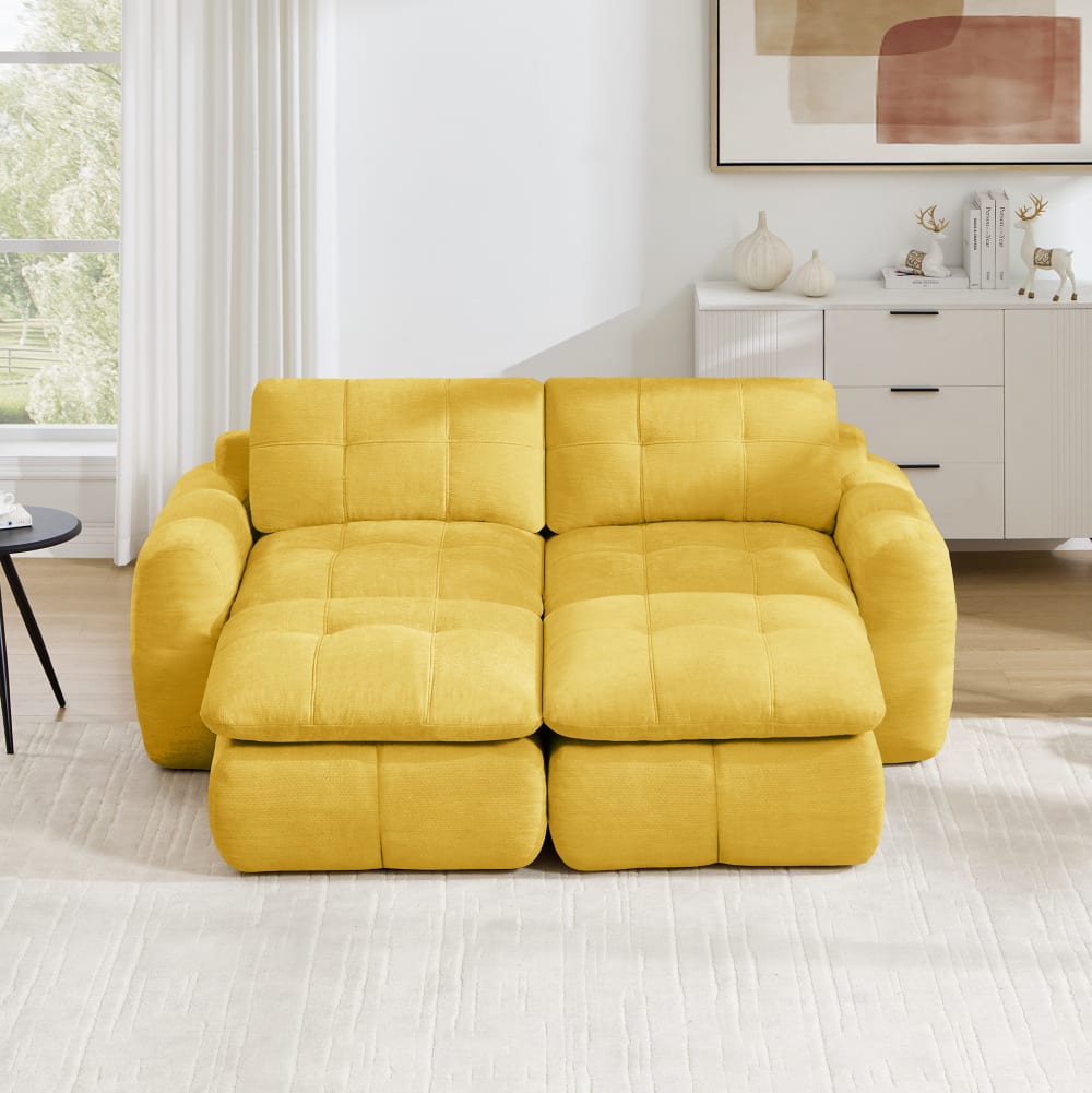 MODFU Komprimiertes modulares Sofa mit 2 Poufs, Chenille, 194x160x68, Gelb style modern Gelb Stoff