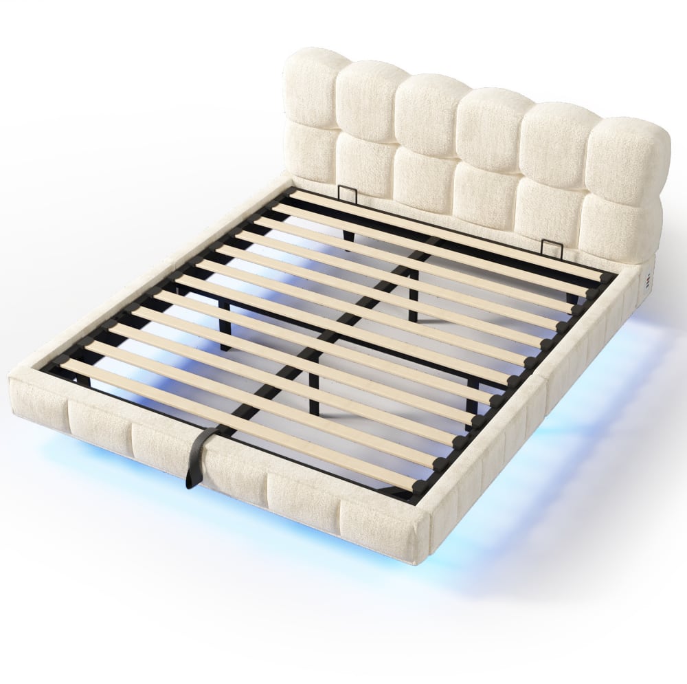Lit coffre adulte 140x200 avec led, usb-c et rangement, beige