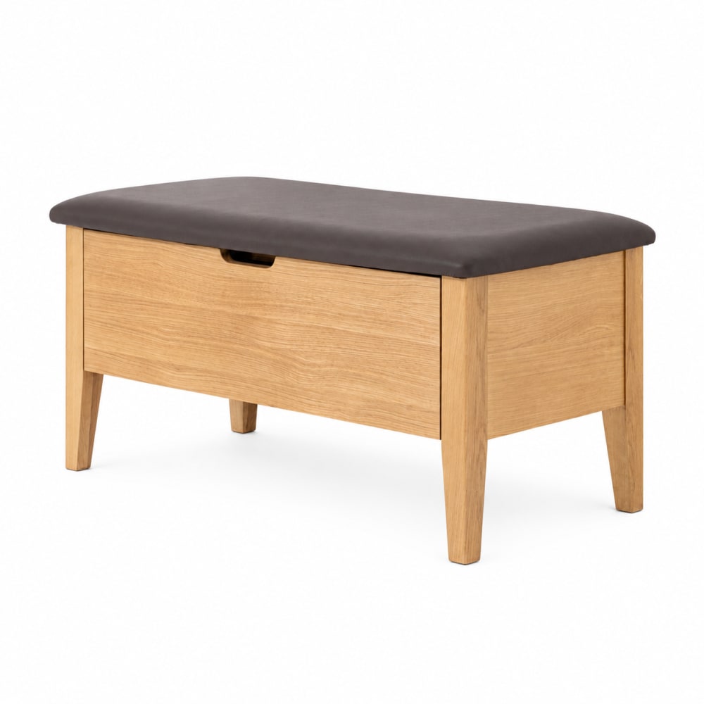 Banc en chêne massif 90 cm, assise en cuir marron Banc en chêne massif 90 cm, assise en cuir marron