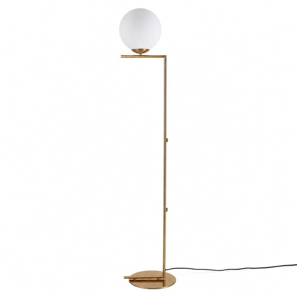 Lampadaire nordique doré, globe en verre blanc e27 ø22 cm