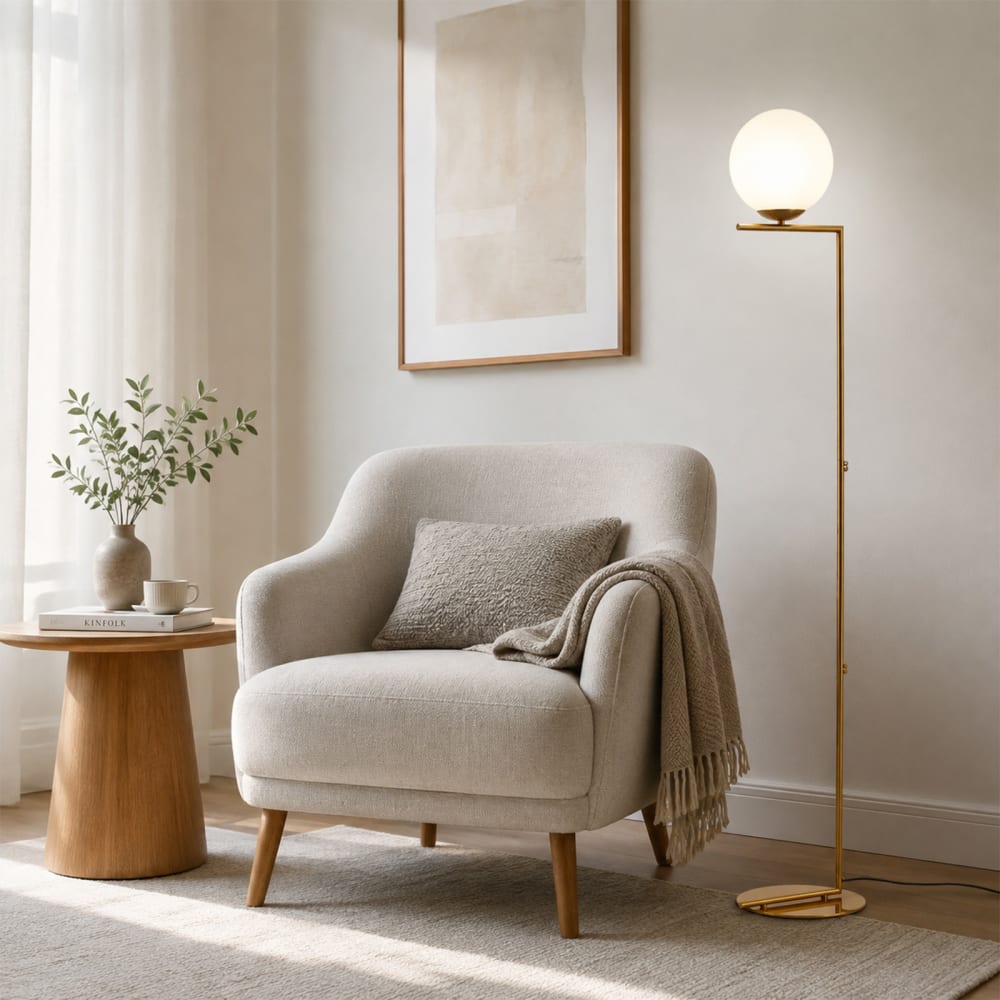 Lampadaire nordique doré, globe en verre blanc e27 ø22 cm — vue 3