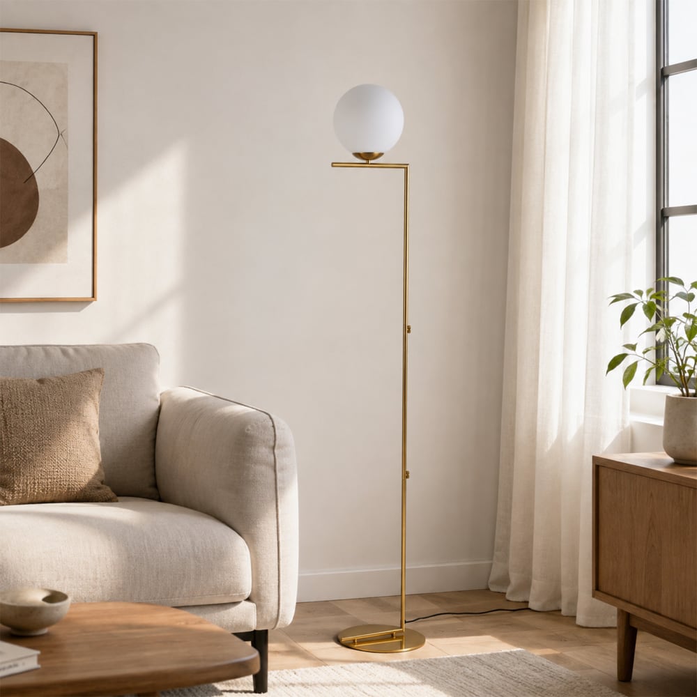Lampadaire nordique doré, globe en verre blanc e27 ø22 cm — vue 4
