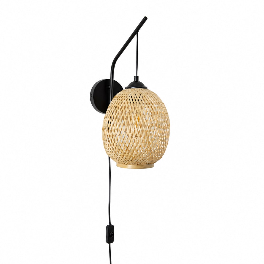 Applique bohème avec prise en bambou et métal noir ø20 cm e27