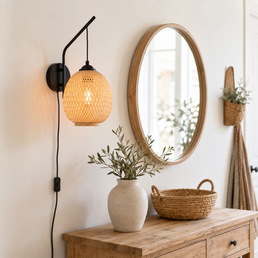 Boho-Wandleuchte E27 aus Bambus und Metall mit Stecker Ø20 cm -