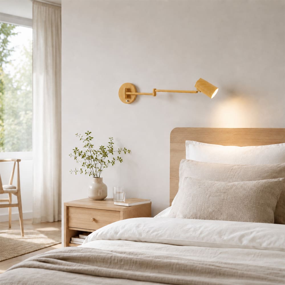Ausziehbare Wandleuchte E27 in Holzoptik mit Schalter, 47 cm -