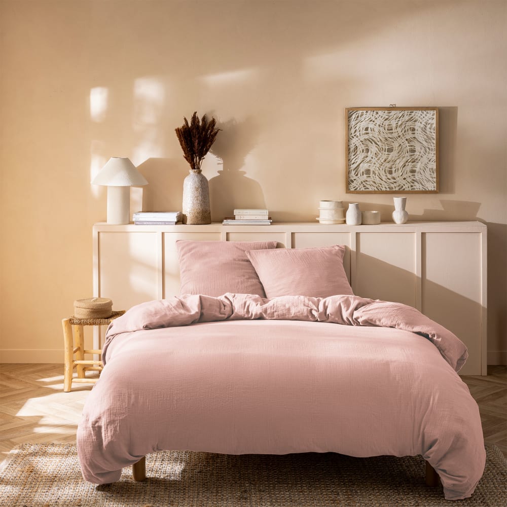 Parure de lit unie en coton rose pétale 260x240+2x65x65cm