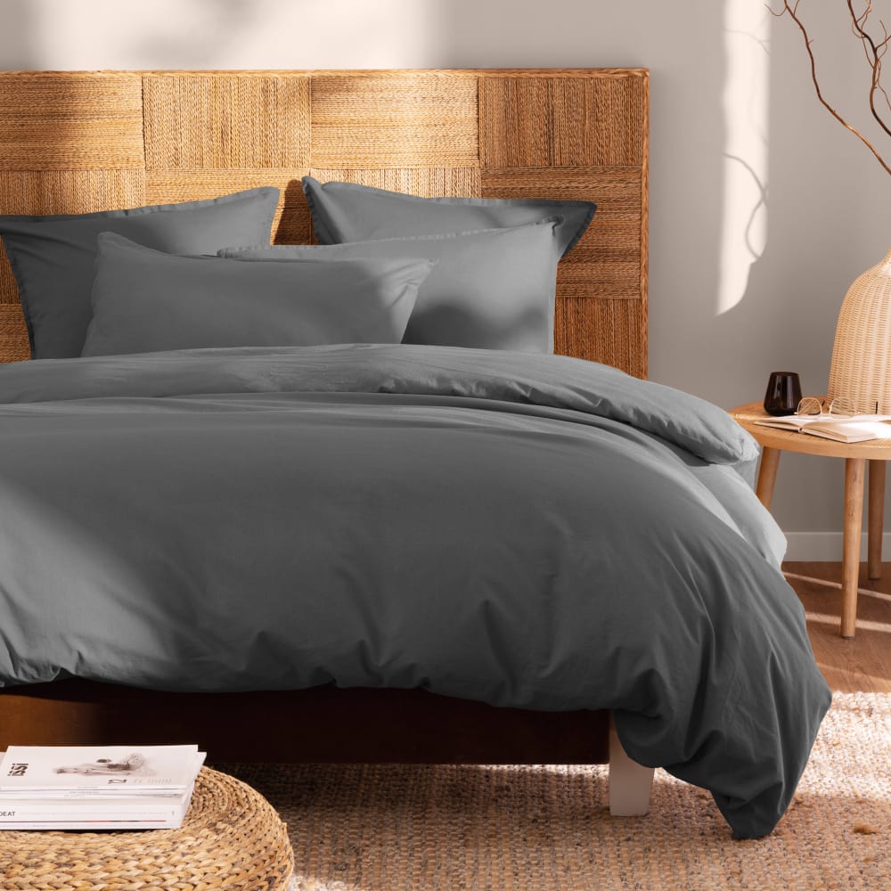 Parure de lit en coton lavé taies volant anthracite 200x200+2x65x65cm Parure de lit en coton lavé taies volant anthracite 200x200+2x65x65cm