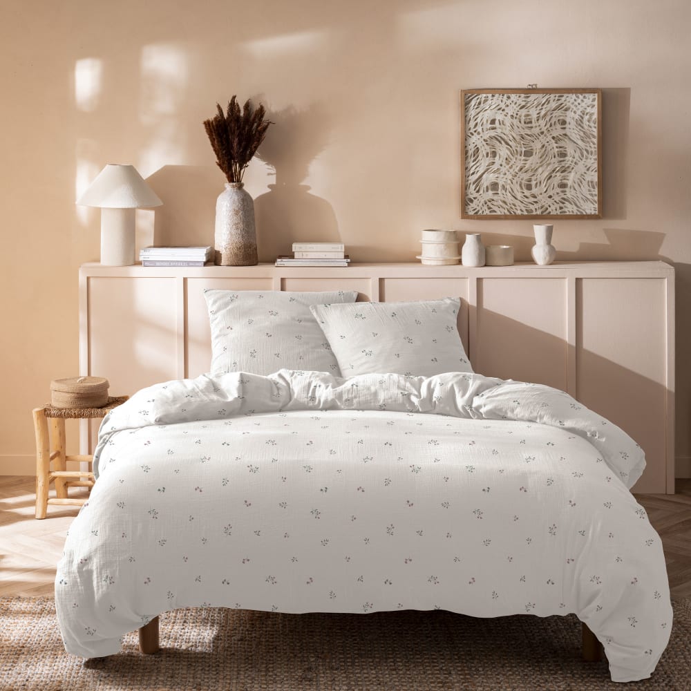 Parure de lit imprimée en gaze de coton blanc 260x240+2x65x65cm