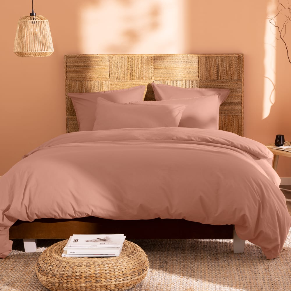 Parure de lit en coton lavé taies volant nude 260x240+2x50x70cm