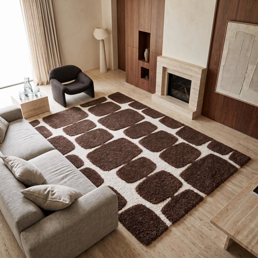 Tapis shaggy doux à relief graphique marron écru 160x230