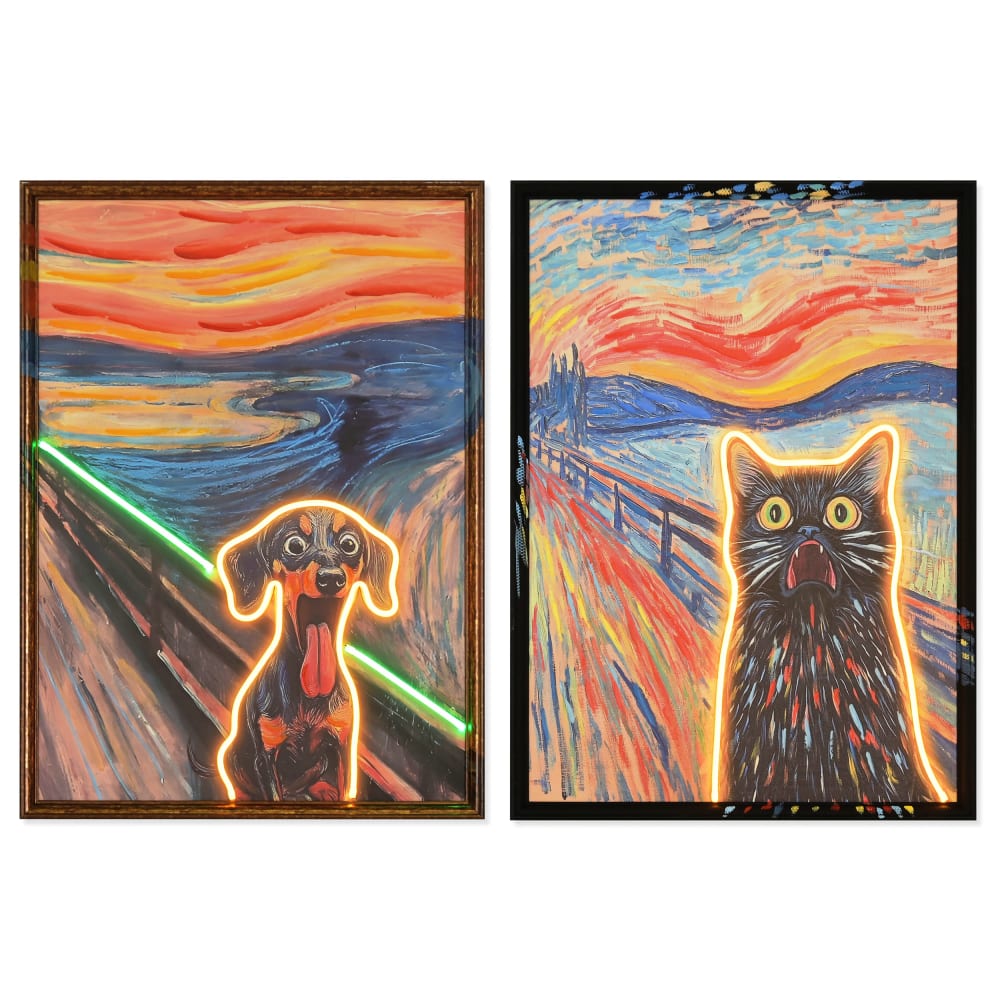 Lot 2 tableaux lumineux chat et chien en tissu multicolore 53x3x73 cm