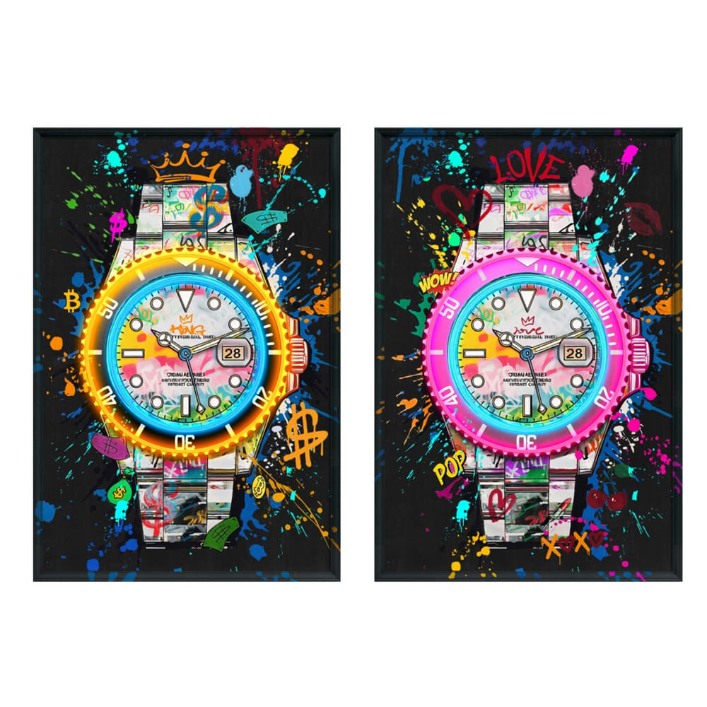 Lot 2 tableaux lumineux horloge en tissu multicolore 63x3x93 cm