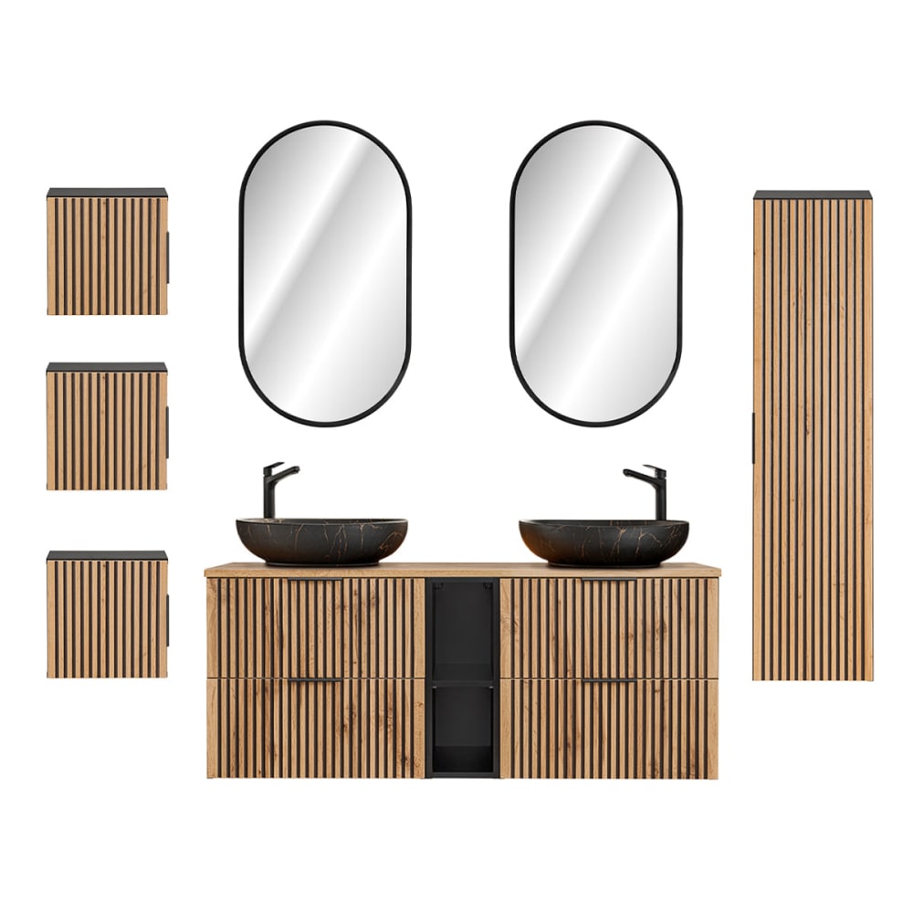 Ensemble meuble double vasque 140cm panneaux mélaminé et mdf noir Ensemble meuble double vasque 140cm panneaux mélaminé et mdf noir