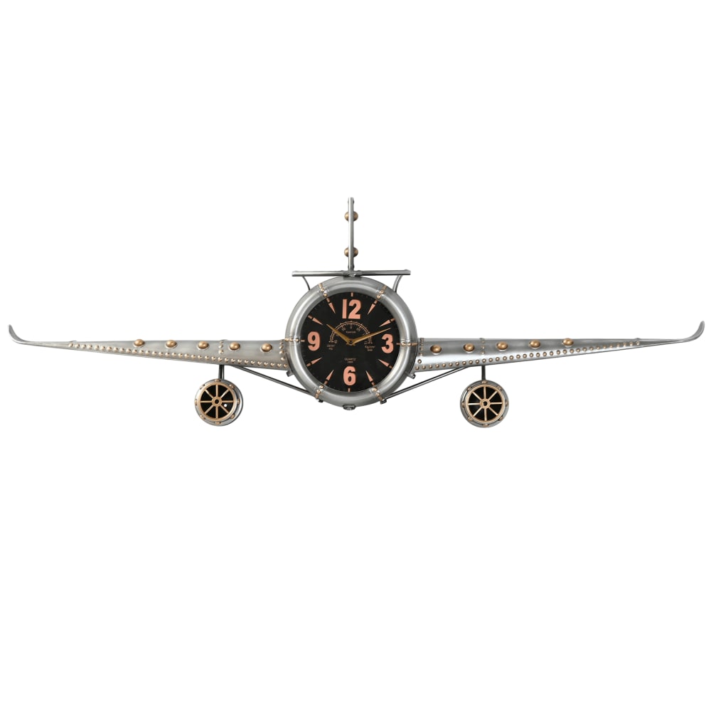 Horloge murale avion en acier argentée 143x20x46 cm