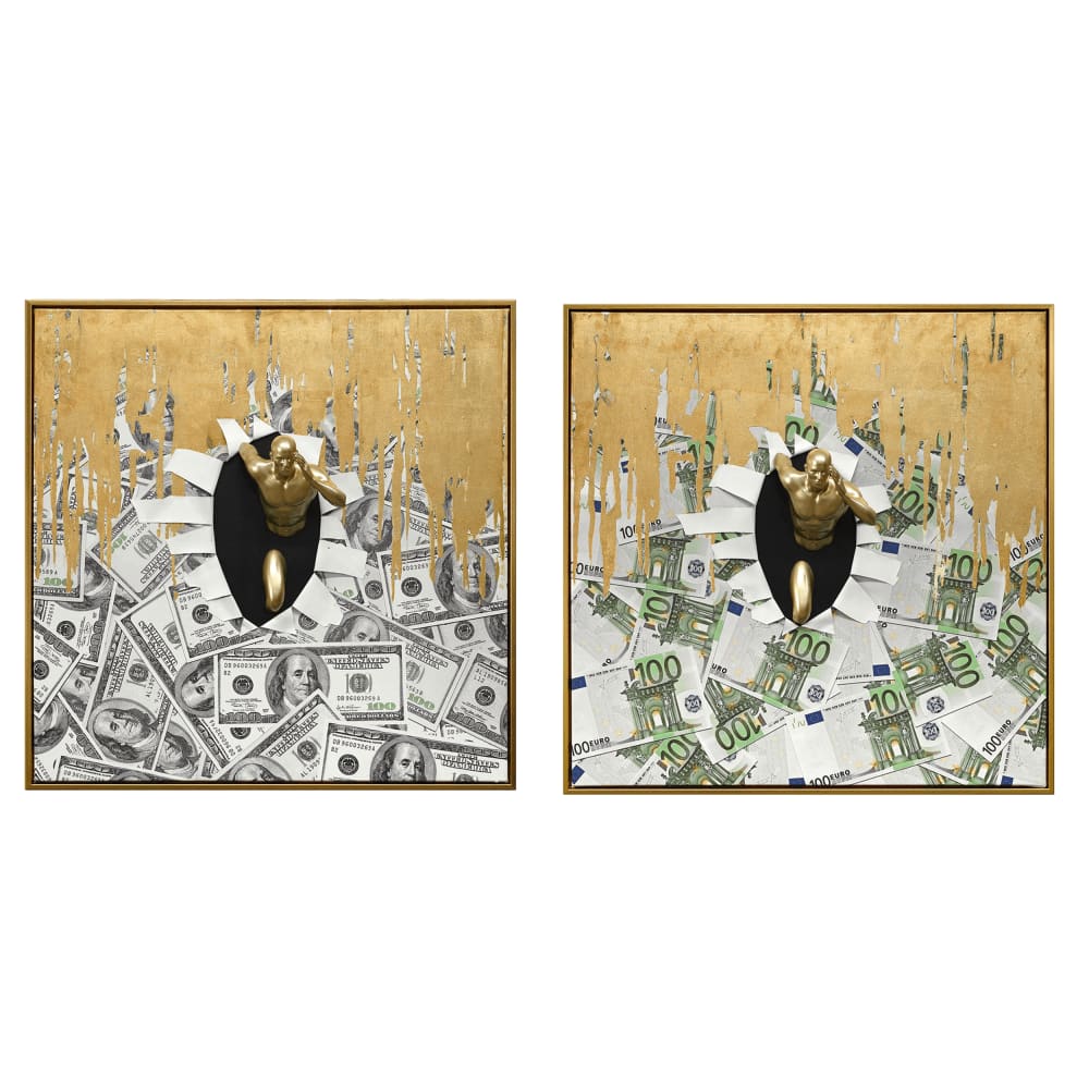 Lot 2 tableaux homme en tissu et résine doré 80x3x80 cm