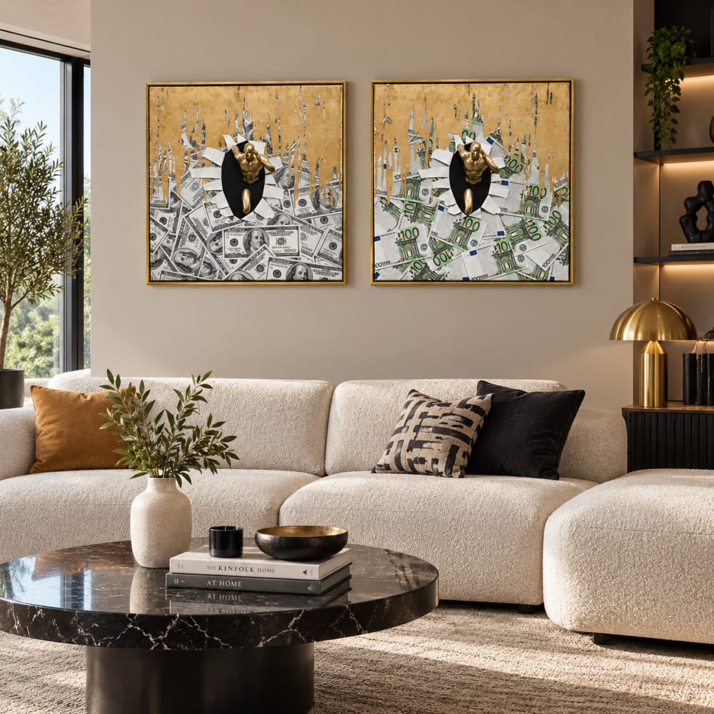 Lot 2 tableaux homme en tissu et résine doré 80x3x80 cm — vue 3