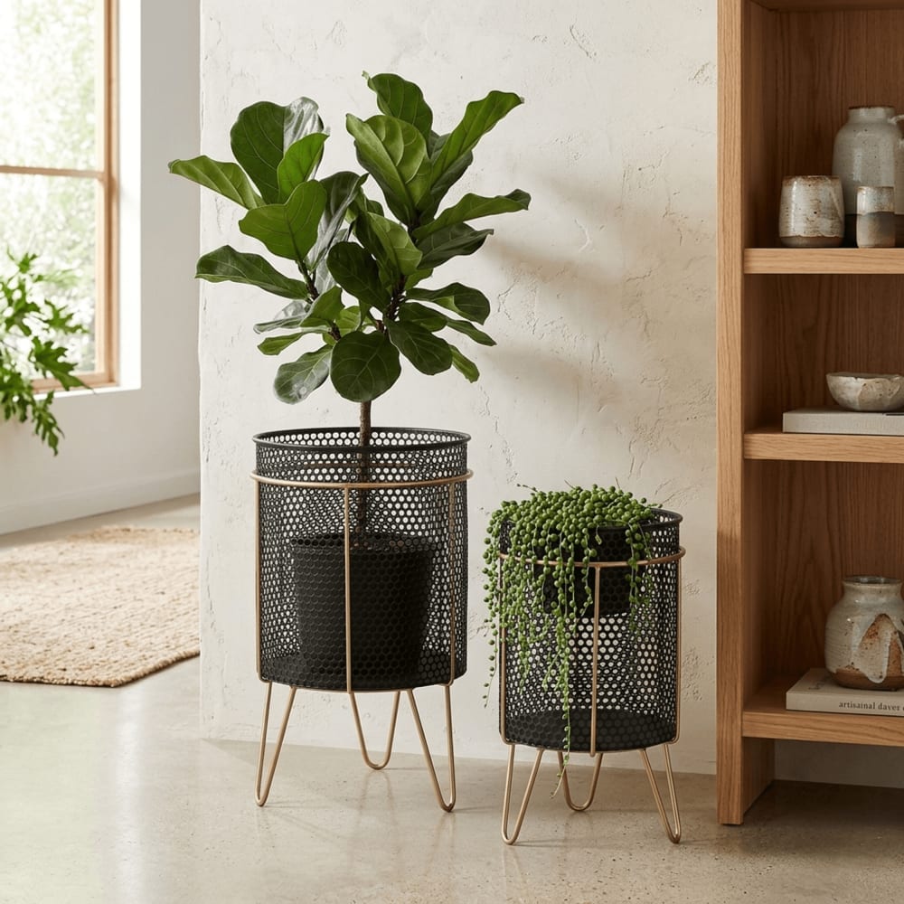 Ensemble de 2 cache pots en acier noir 36x36x58 cm
