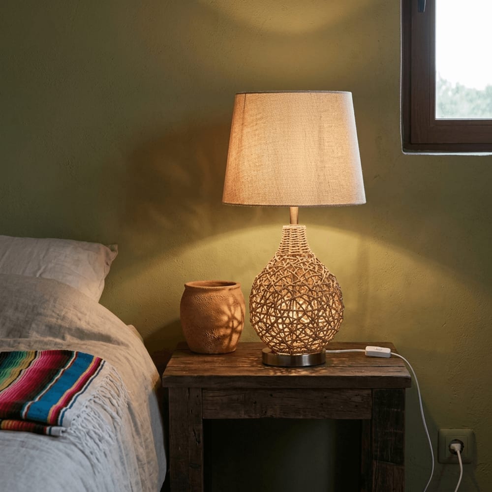 Lampe en rotin et lin beige 33x33x60 cm — vue 3