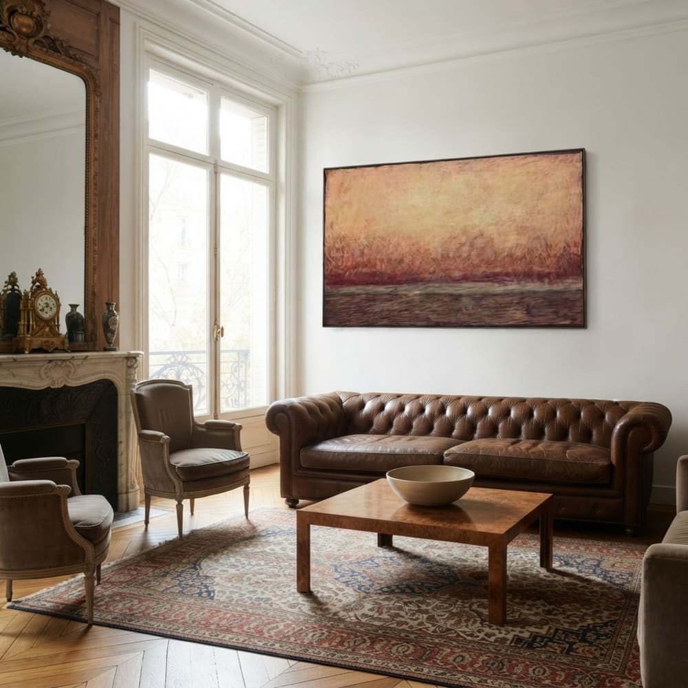 Tableau abstrait peint main en tissu et mdf orange 150x4x90 cm