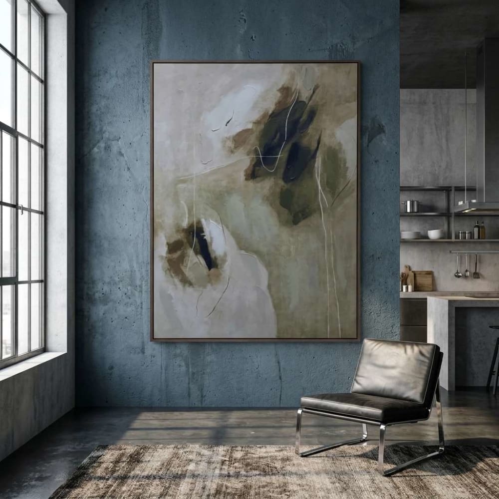 Tableau abstrait en tissu peint main beige 120x4x160 cm — vue 3