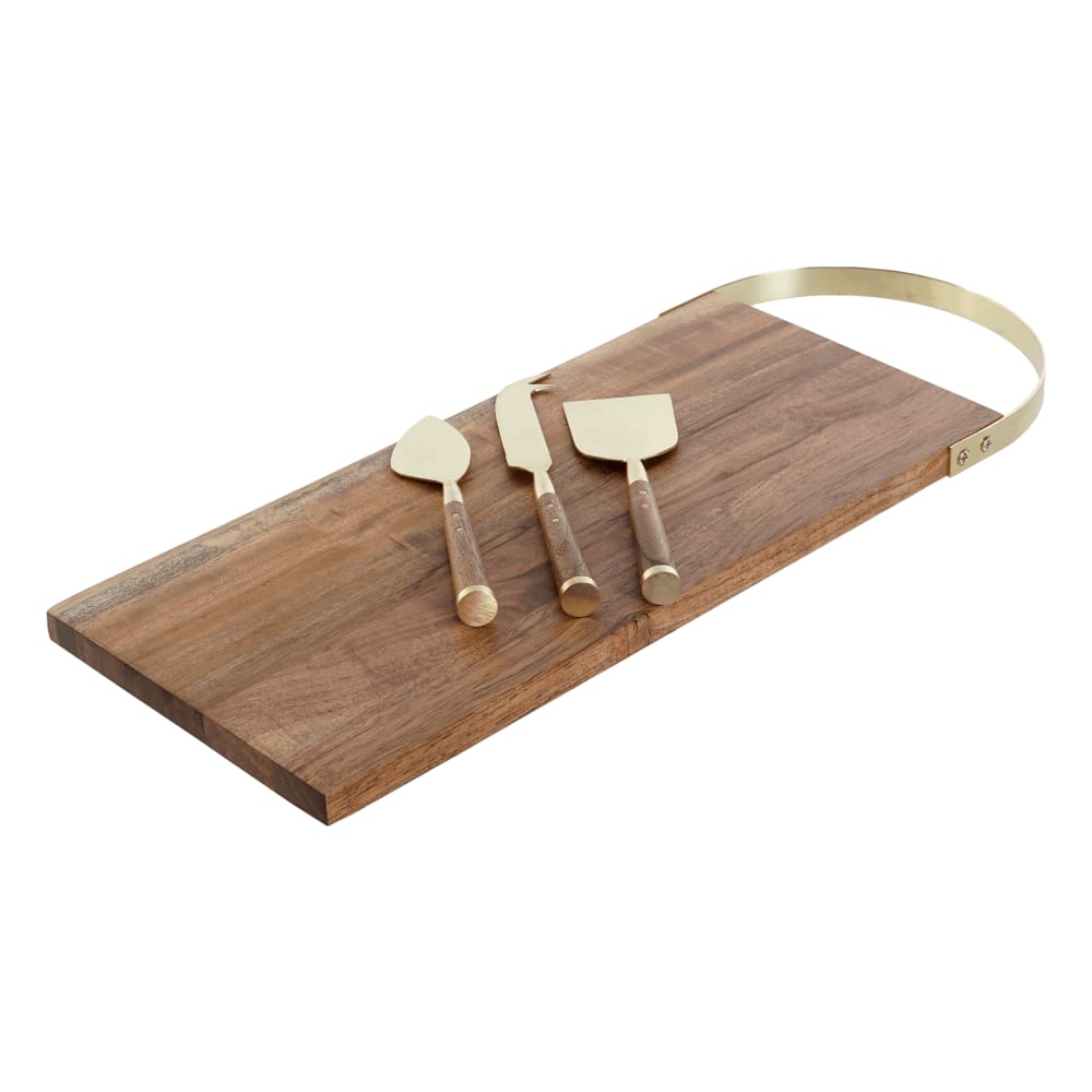 Ensemble planche à découper et 3 couteaux en acacia marron 46x17x2 cm