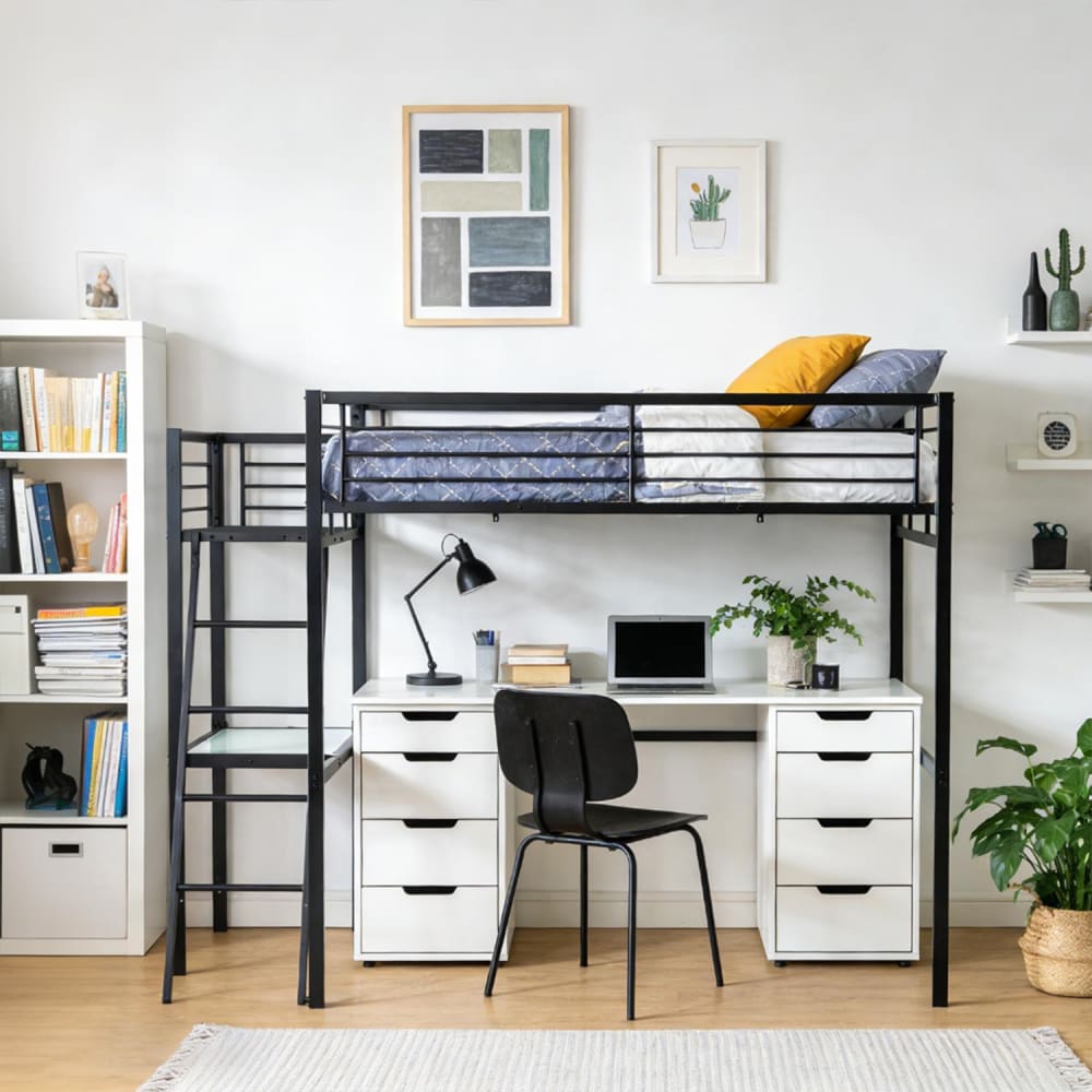 Meubles Cosy Doppelhochbett mit Metallrahmen, Leiter und Glastisch, schwarz style industrial - Metall
