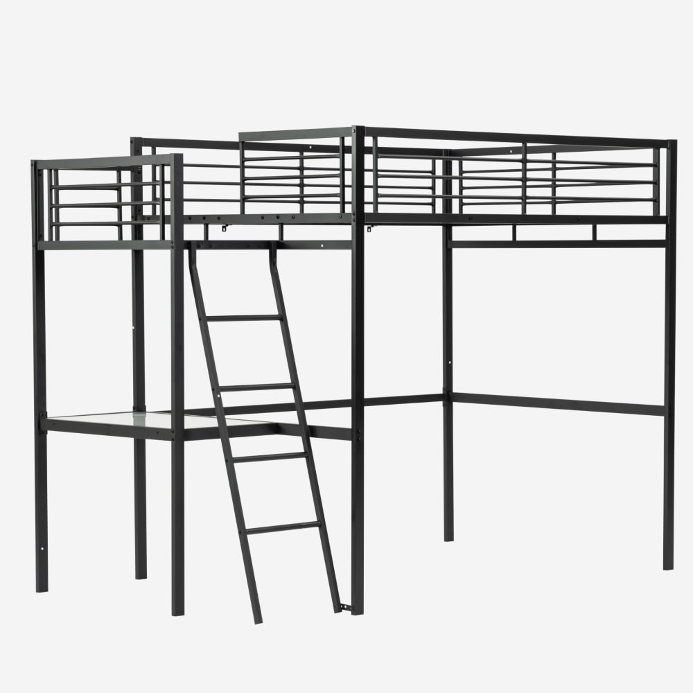 Lit mezzanine double avec échelle, bureau en verre et cadre noir