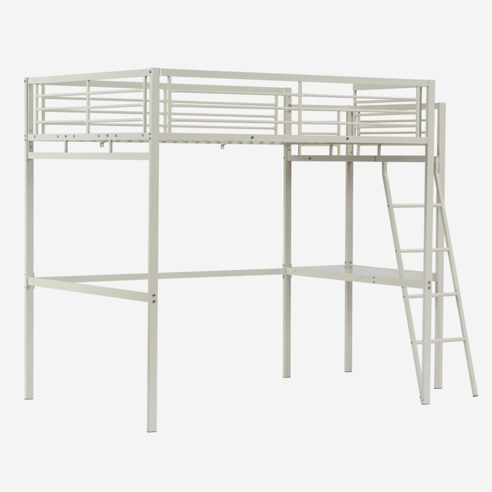 Lit mezzanine double avec bureau en verre, blanc