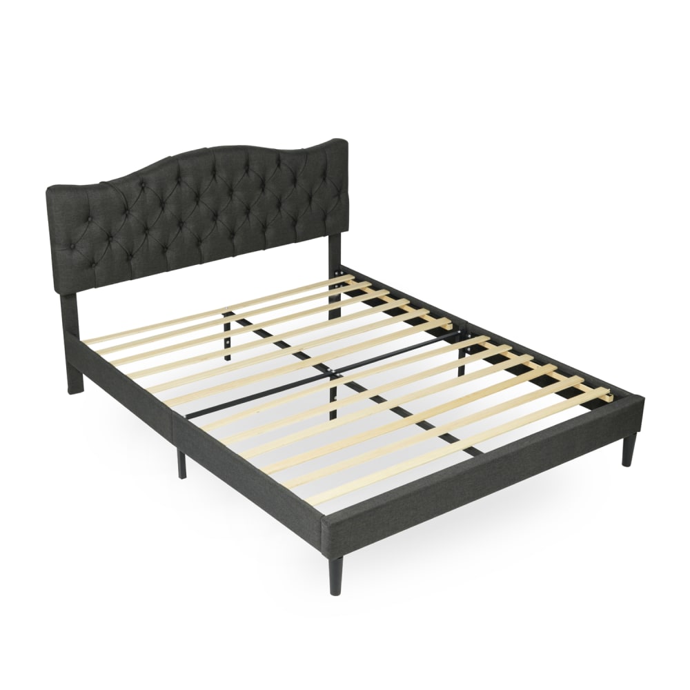 Lit double capitonné 140x190cm avec sommier à lattes en bois, gris Lit double capitonné 140x190cm avec sommier à lattes en bois, gris