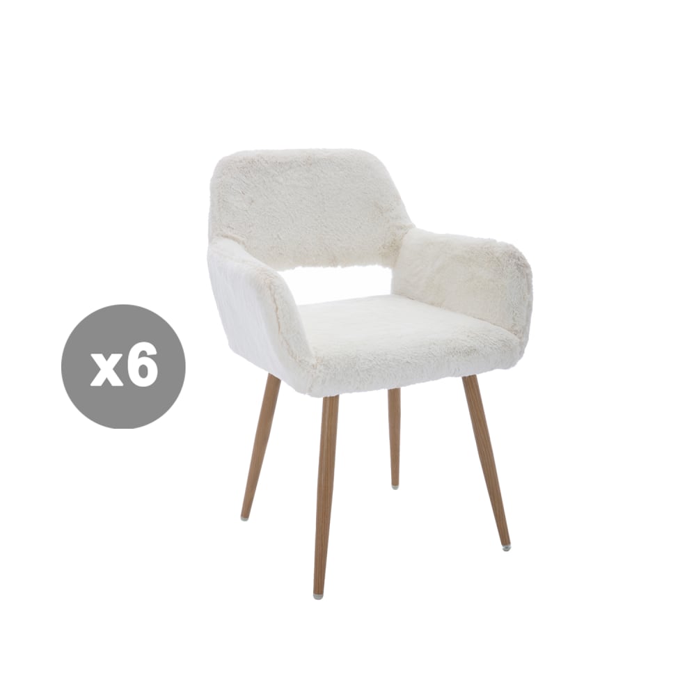 Lot de 6 chaises fausse fourrure avec pieds acier, blanc Lot de 6 chaises fausse fourrure avec pieds acier, blanc