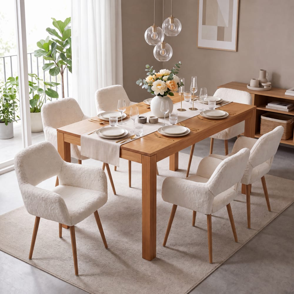 Lot de 6 chaises fausse fourrure avec pieds acier, blanc