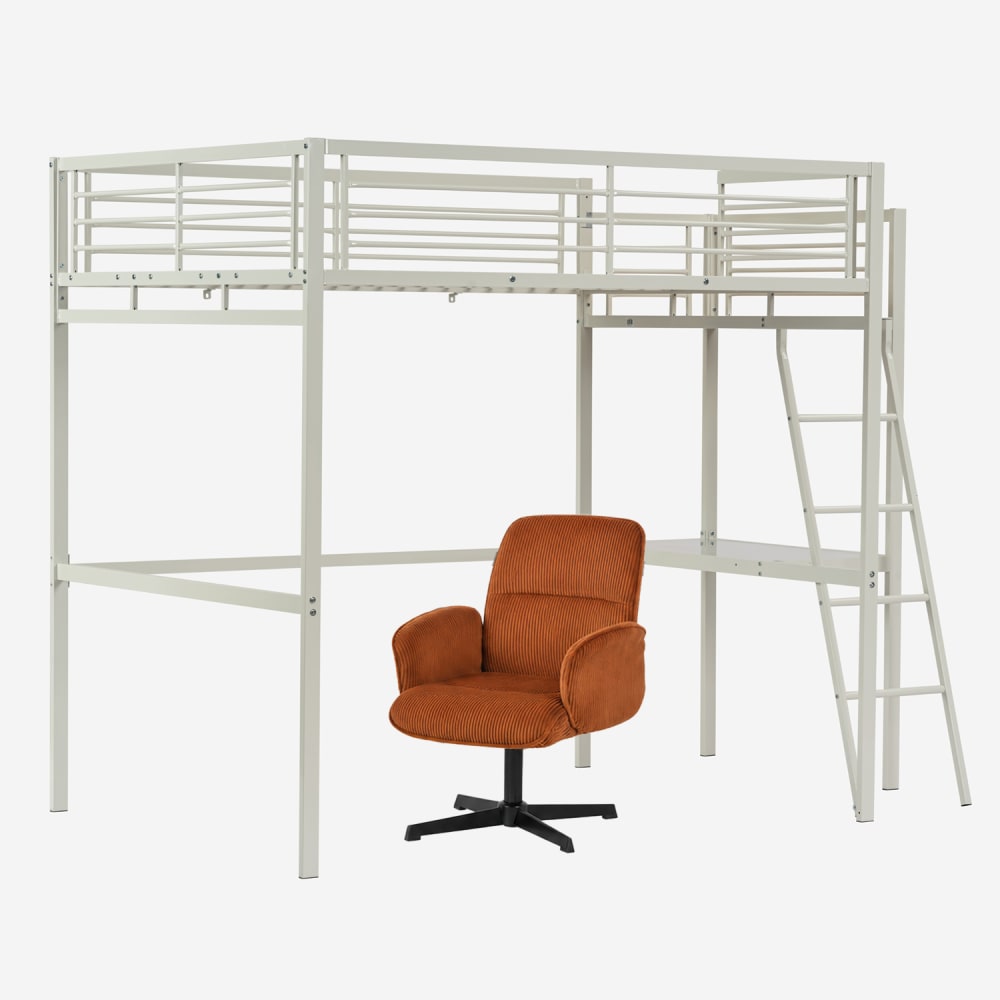 Lit mezzanine blanc avec bureau et fauteuil de bureau pivotant rouge
