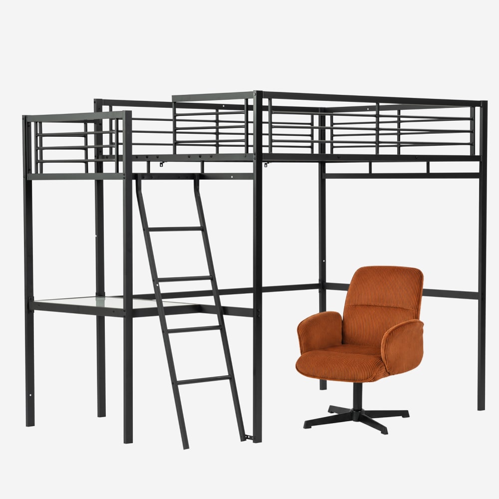 Lit mezzanine double avec bureau et chaise de bureau pivotant rouge