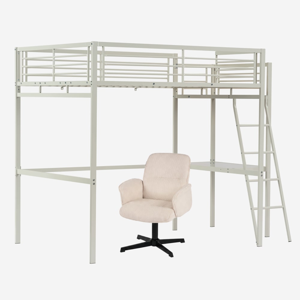 Lit mezzanine blanc avec bureau et fauteuil de bureau pivotant beige