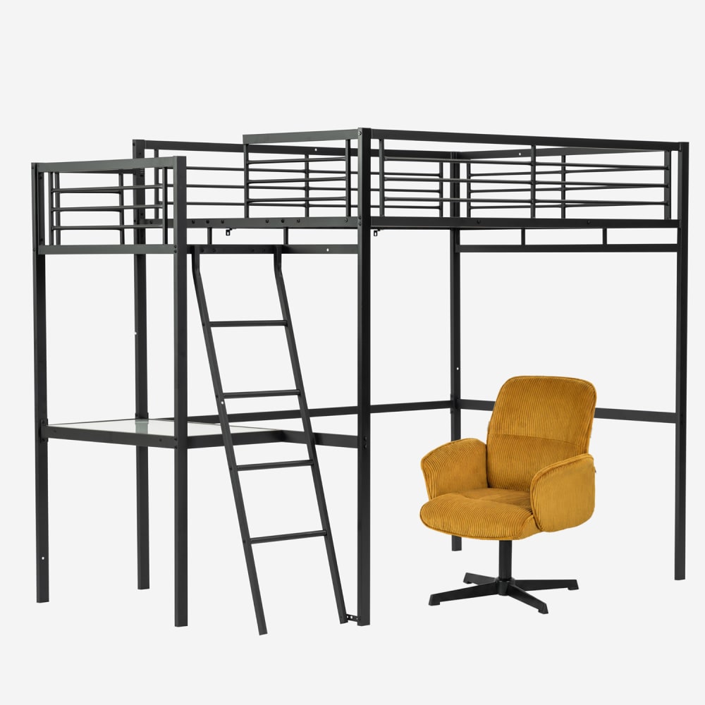 Lit mezzanine double avec bureau et chaise de bureau pivotante jaune