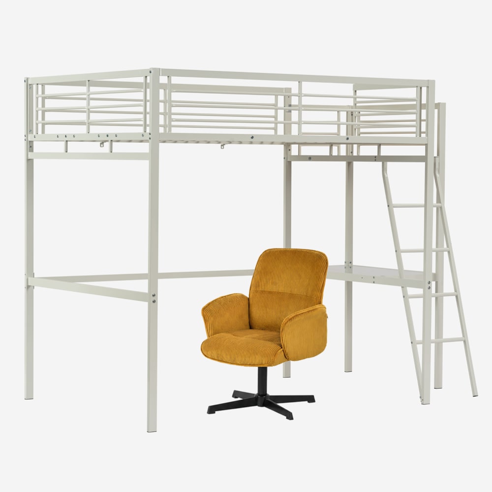 Lit mezzanine blanc avec bureau et fauteuil de bureau pivotant jaune