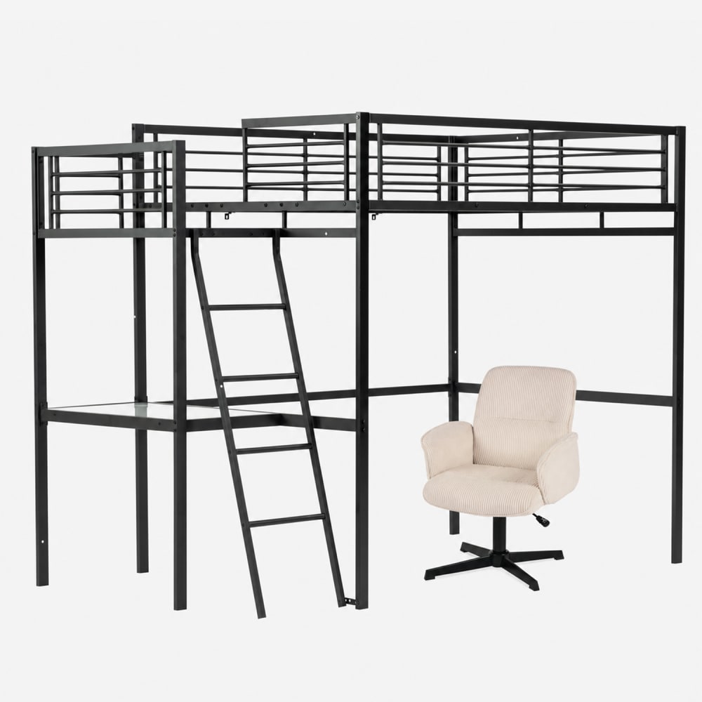 Lit mezzanine double avec bureau et fauteuil de bureau pivotant